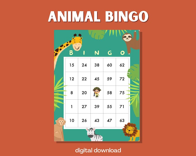Zoo Animal Themed Bingo Game | 100 Printable Cards | Fun Wildlife Design | Instant Digital Download | Family-Friendly Activity