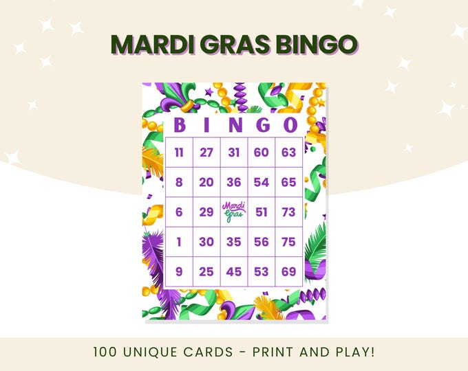 Festive Mardi Gras Bingo: 100 Carnival-Themed Cards for Fat Tuesday Celebrations | Digital Download