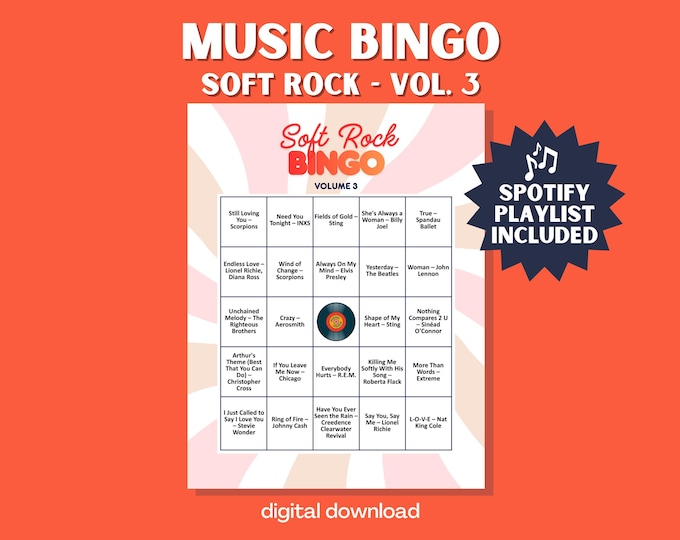 Soft Rock Music Bingo Volume 3 – Timeless Favorites Party Game with Playlist