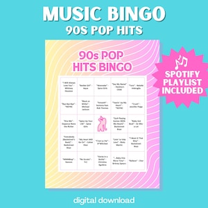 Gioco del bingo con le hit pop degli anni '90 / Bingo cantabile / 30 carte uniche con playlist Spotify