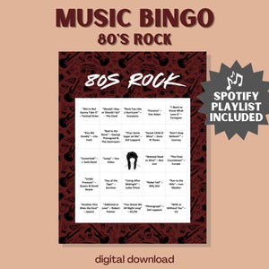 Juego de bingo musical de leyendas del rock de los 80: 30 cartones únicos con lista de reproducción de Spotify con Journey, Bon Jovi y Guns N' Roses