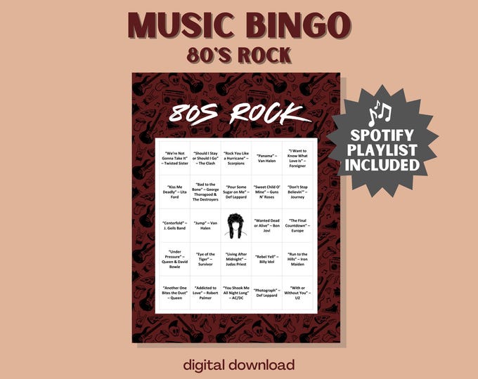1980s Rock Legends Music Bingo Game – 30 Unique Cards with Spotify Playlist Featuring Journey, Bon Jovi & Guns N' Roses