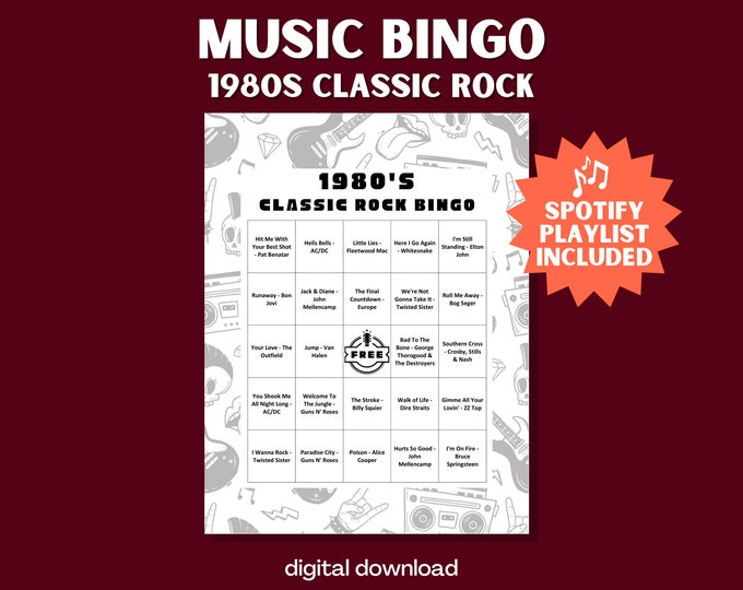1980s Classic Rock Music Bingo Game | Sing Along Bingo | 30 Unique Cards Included