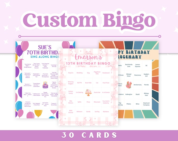 30 Personalized Custom Digital Bingo Cards for Celebrations: Birthdays, Weddings, Graduations, Parties & More