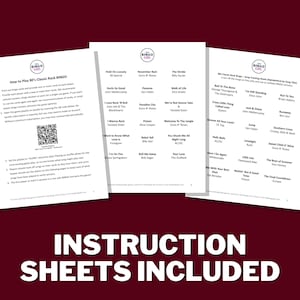 May include: Three printable bingo cards with a list of classic rock songs. The cards are titled "How to Play 80's Classic Rock Bingo", "80's Classic Rock Bingo", and "80's Classic Rock Bingo - Song Playing Sheet (Optional for Long Video)." The cards are printed on white paper with black text.