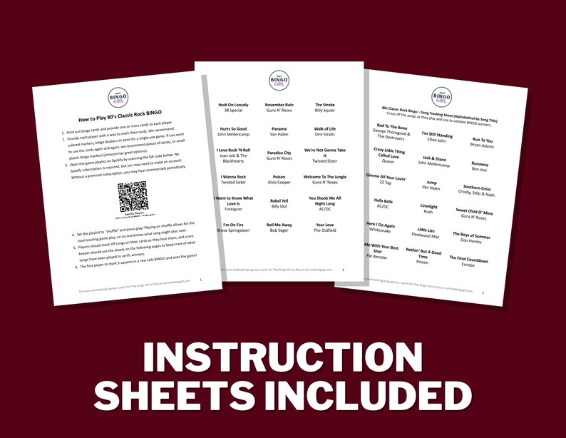 May include: Three printable bingo cards with a list of classic rock songs. The cards are titled "How to Play 80's Classic Rock Bingo", "80's Classic Rock Bingo", and "80's Classic Rock Bingo - Song Playing Sheet (Optional for Long Video)." The cards are printed on white paper with black text.