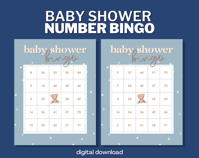 Baby Shower Bingo with Numbers - Boy Blue Dots - 100 Unique Cards - Digital Download