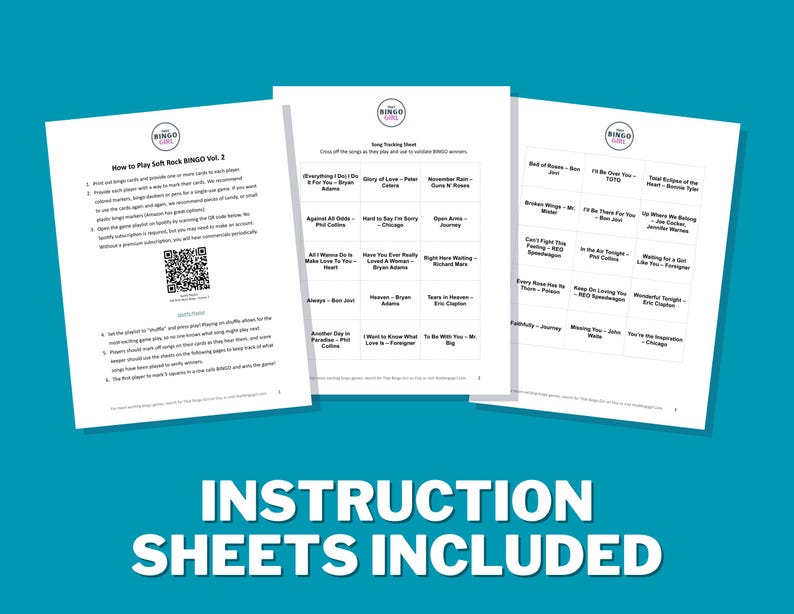Puede incluir: Tres hojas de instrucciones blancas para un juego de Bingo Soft Rock, con t&iacute;tulos de canciones e instrucciones. Las hojas se titulan "How to Play Soft Rock Bingo Vol. 2" y "Song Tracking Sheet". El texto "Instruction Sheets Included" est&aacute; en la parte inferior.
