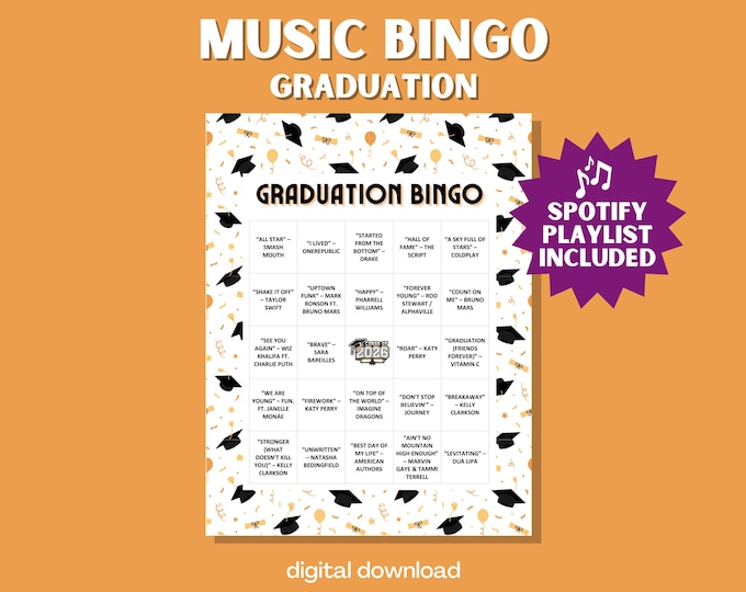 2026 Graduation Music Bingo – 30 Unique Cards with Spotify Playlist (PDF Format)