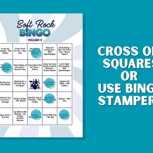 Puede incluir: Tarjeta de juego de bingo Soft Rock Volumen 2 con t&iacute;tulos de canciones y nombres de artistas. La tarjeta presenta una cuadr&iacute;cula de casillas con t&iacute;tulos como "I'll Be There For You" y "Against All Odds". El texto "Cross Off Squares or Use Bingo Stampers" es visible.