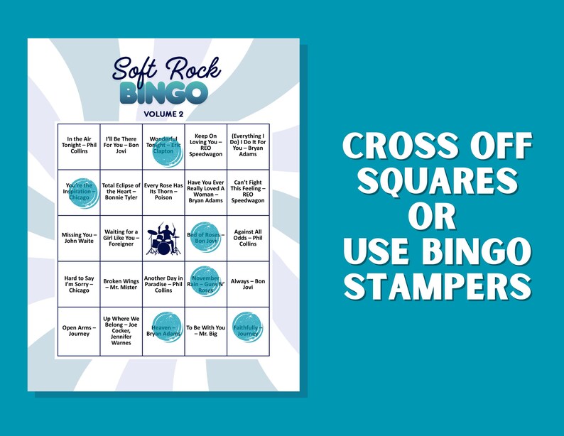 Puede incluir: Tarjeta de juego de bingo Soft Rock Volumen 2 con t&iacute;tulos de canciones y nombres de artistas. La tarjeta presenta una cuadr&iacute;cula de casillas con t&iacute;tulos como "I'll Be There For You" y "Against All Odds". El texto "Cross Off Squares or Use Bingo Stampers" es visible.