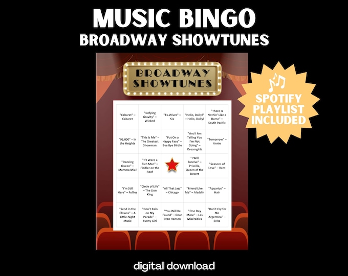 Broadway Showtunes Music Bingo Game – 30 Unique Cards with Sing-Along Spotify Playlist for Theater Lovers