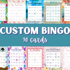 90 tarjetas de bingo digitales personalizadas para celebraciones: cumpleaños, bodas, graduaciones, fiestas y más