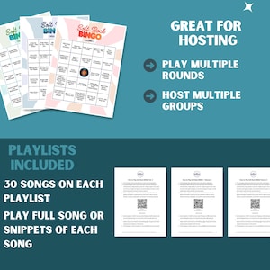Może przedstawiać: Trzy karty do bingo z tekstem "Soft Rock BINGO" i "Soft BIN" w pastelowych kolorach. Obraz zawiera r&oacute;wnież tekst "Great for Hosting" i "Playlists Included".