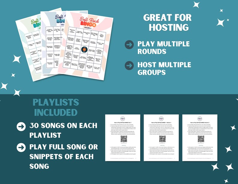 Może przedstawiać: Trzy karty do bingo z tekstem "Soft Rock BINGO" i "Soft BIN" w pastelowych kolorach. Obraz zawiera r&oacute;wnież tekst "Great for Hosting" i "Playlists Included".
