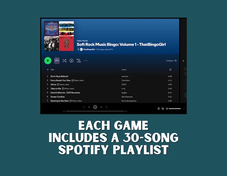 Może przedstawiać: Ekran cyfrowy wyświetla listę odtwarzania Spotify zatytułowaną "Soft Rock Music Bingo: Volume 1 - ThatBingoGirl". Lista odtwarzania zawiera 30 piosenek. Tekst na dole brzmi "EACH GAME INCLUDES A 30-SONG SPOTIFY PLAYLIST."