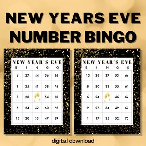 Jeu de bingo du réveillon du Nouvel An avec des chiffres | 100 cartes | Thème noir et or | Téléchargement numérique