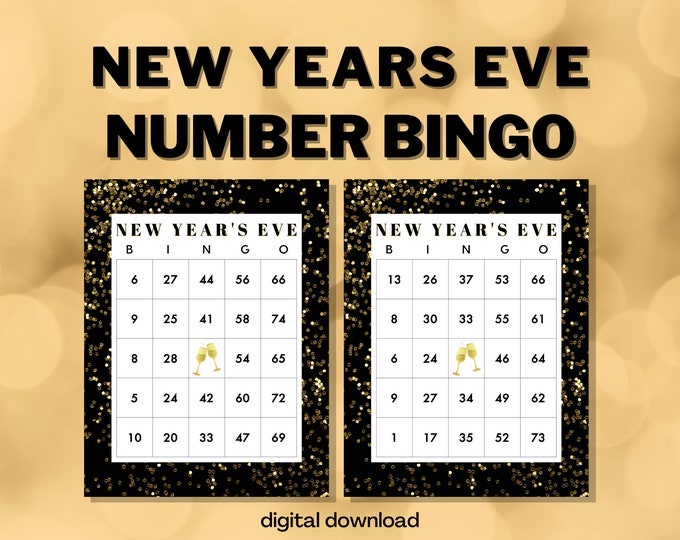 New Years Eve Bingo Game with Numbers | 100 Cards | Black and Gold Theme | Digital Download