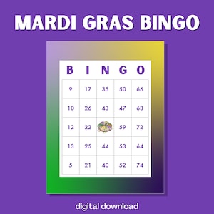Mardi Gras Bingo Game King Cake | 100 feestelijke kaarten | Carnavalsthema | Directe digitale download | Leuke feestactiviteit