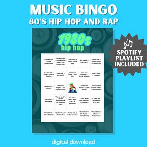 1980er Jahre Hip Hop & Rap Musik Bingo Spiel - 30 Einzigartige Karten mit Spotify Playlist mit Run-D.M.C., Public Enemy und Mehr