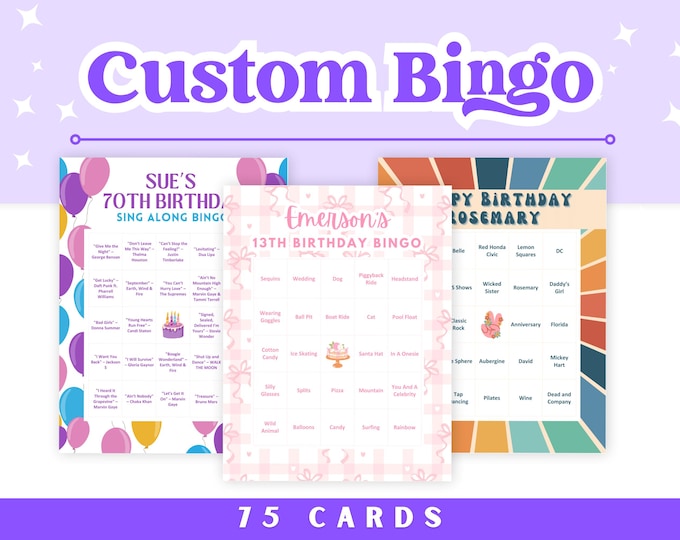 75 Personalized Custom Digital Bingo Cards for Celebrations: Birthdays, Weddings, Graduations, Parties & More
