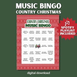 Pode incluir: Um download digital de um jogo de bingo musical Country Christmas. A cartela de bingo tem uma borda com padrões vermelhos e brancos e apresenta títulos de músicas e nomes de artistas. Um gráfico de explosão de estrela vermelha indica que uma lista de reprodução do Spotify está incluída.
