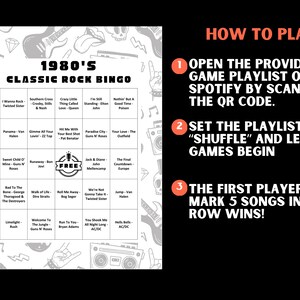 May include: A black and white bingo card with a 1980's Classic Rock Bingo theme. The card features a free space and 24 squares with song titles and artists from the 1980s. The card is surrounded by a black and white border with musical notes and skulls.