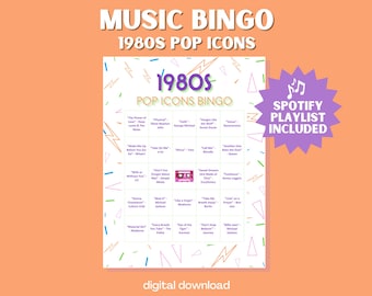 1980s Pop Icons Music Bingo: 30 Unique Cards with Playlist (PDF Format, Digital Download)