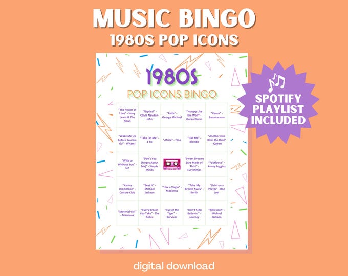 1980s Pop Icons Sing-Along Music Bingo Game - 30 Unique Cards with Spotify Playlist for Parties