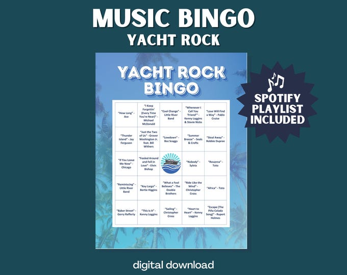 Yacht Rock Music Bingo: 30 Unique Cards & Spotify Playlist for Ultimate Sing-Along Party Experience