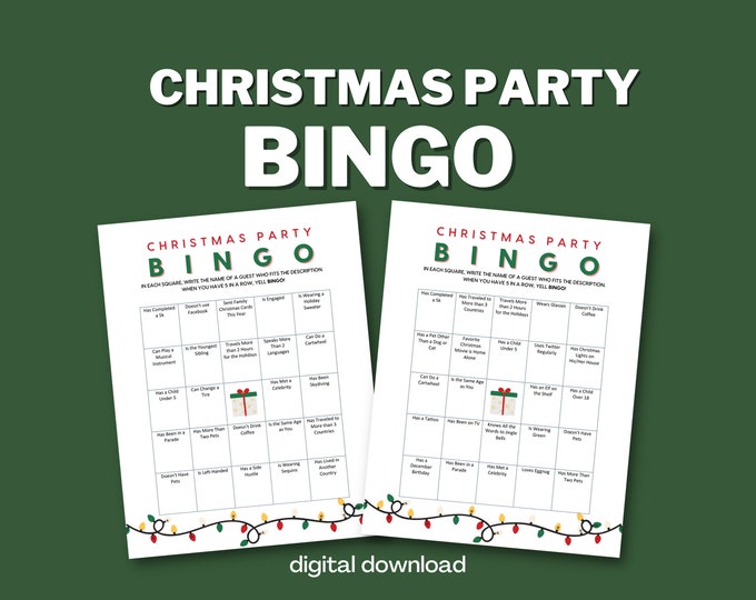 Christmas Party Bingo "Find Someone Who" - 30 Unique Cards - Lights Design - Digital Download