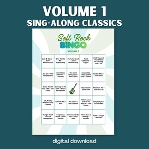Może przedstawiać: Cyfrowe pobieranie gry w Bingo Soft Rock, tom 1, z turkusowym tłem. Karta do bingo zawiera tytuły piosenek i nazwiska wykonawc&oacute;w, w tym "Jack & Diane" i "Rocket Man". Tekst "digital download" znajduje się na dole.