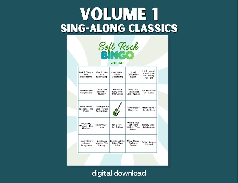 Może przedstawiać: Cyfrowe pobieranie gry w Bingo Soft Rock, tom 1, z turkusowym tłem. Karta do bingo zawiera tytuły piosenek i nazwiska wykonawc&oacute;w, w tym "Jack & Diane" i "Rocket Man". Tekst "digital download" znajduje się na dole.