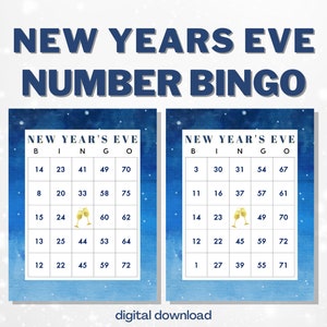 Jeu de bingo avec nombres pour le réveillon du Nouvel An | 100 cartes | Thème bleu | Téléchargement numérique