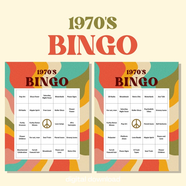 1970's Bingo | 70's Theme Party | 30 Unique Groovy 70s Bingo Cards | Digital Download