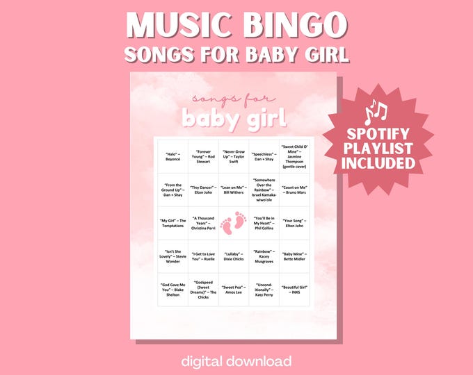 Songs for Baby Girl Bingo – 30 Printable Cards with Sweet & Sentimental Songs for Baby Showers