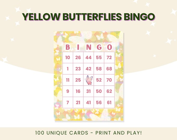 Yellow Butterflies Bingo | 100 Unique Number Bingo Cards | Print and Play