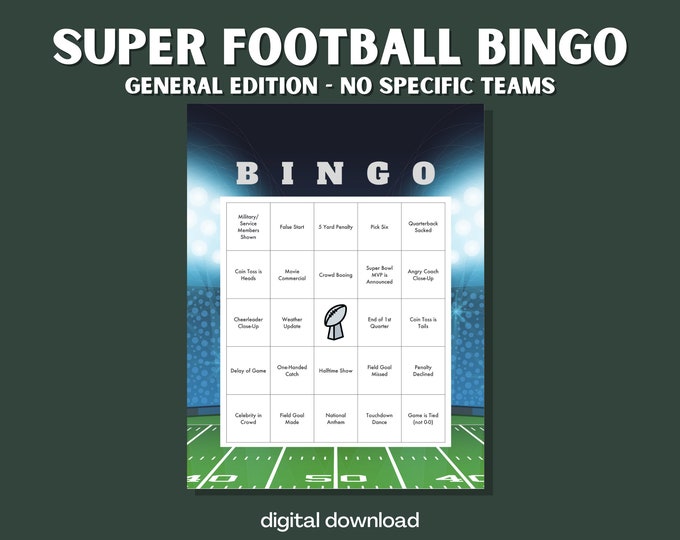 Super Big Bowl Game Bingo Card - Generic Edition - Football Field Design - 30 Unique Cards - Not specific to this year's game
