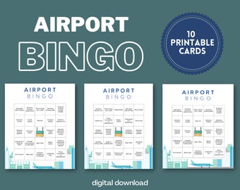 Airport Bingo - Airport Layover Game - 10 Unique Cards - Digital Download