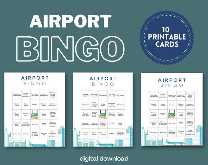 Airport Bingo - Airport Layover Game - 10 Unique Cards - Digital Download