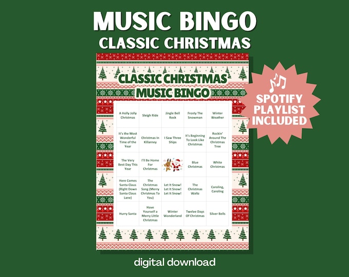Classic Christmas Music Bingo: 100 Cards, 30 Songs with Playlist and Instruction Sheet