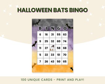 Halloween Bats Bingo | 100 Unique Number Bingo Cards | Print and Play