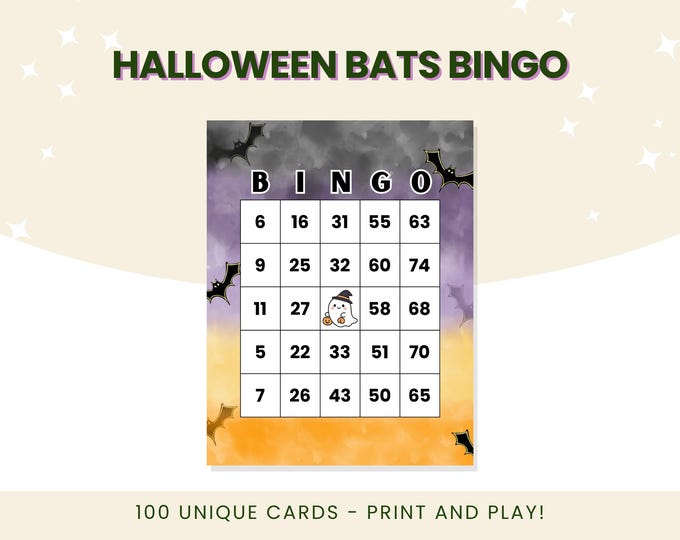 Halloween Bats Bingo | 100 Unique Number Bingo Cards | Print and Play