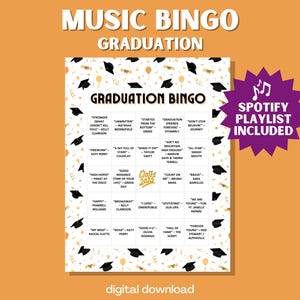Bingo musical de remise des diplômes - 30 cartes uniques avec une liste de lecture d'hymnes de bien-être pour les diplômés et les célébrations