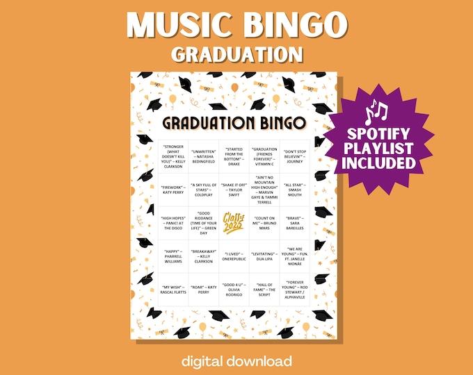 Graduation Music Bingo – 30 Unique Cards with Playlist of Feel-Good Anthems for Grads & Celebrations