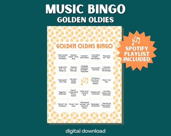 Golden Oldies Music Bingo Game | Sing Along Bingo | 30 Unique Cards with Spotify Playlist