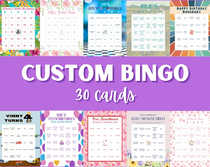 30 Personalized Custom Digital Bingo Cards for Celebrations: Birthdays, Weddings, Graduations, Parties & More