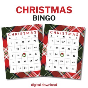 Weihnachtsbingo mit Zahlen - 100 einzigartige Karten - kariertes Thema - digitaler Download