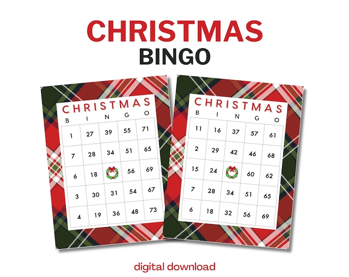 Christmas Bingo with Numbers - 100 Unique Cards - Plaid Theme - Digital Download