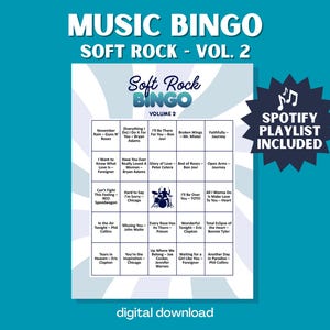 Puede incluir: Una descarga digital de un juego de Bingo de Soft Rock, Volumen 2, con una lista de reproducci&oacute;n de Spotify incluida. La tarjeta de bingo presenta t&iacute;tulos de canciones y artistas como "November Rain" de Guns N' Roses y "Total Eclipse of the Heart" de Bonnie Tyler. El fondo es turquesa.